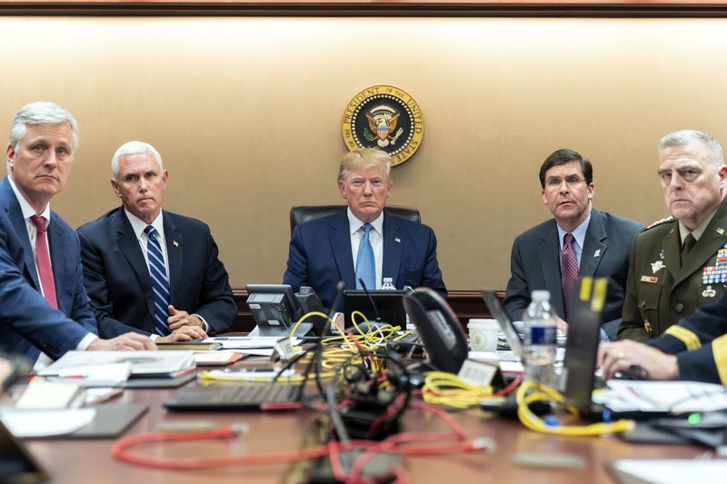 In this image released by the White House, President Donald Trump is joined by Vice President Mike Pence, second from left, and national security officials in the Situation Room of the White House on Oct. 26, 2019. (AP)